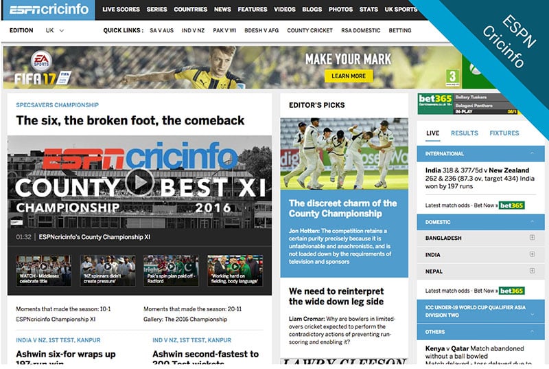 ESPNCricinfo Sport website screenshots