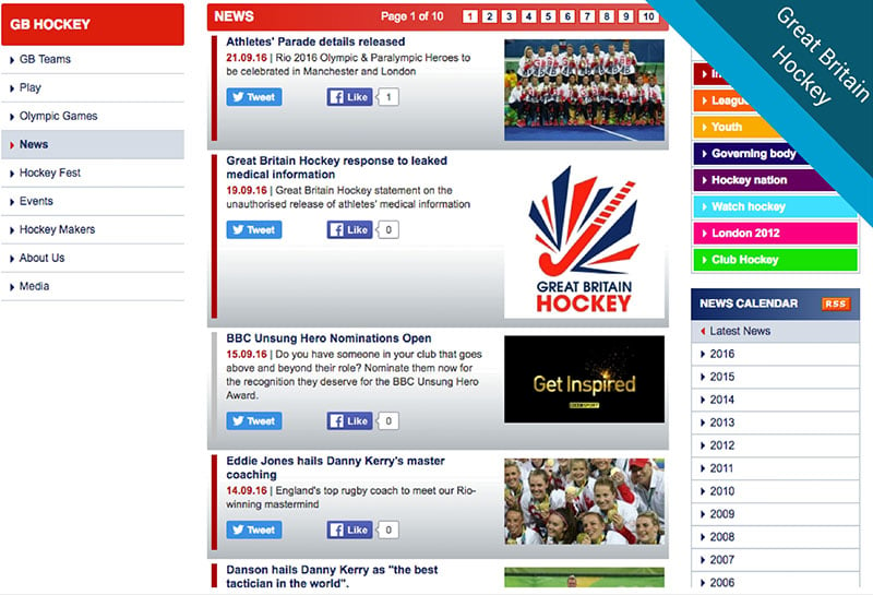 GB Hockey website screenshots