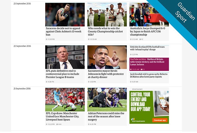 Guardian Sport website screenshots