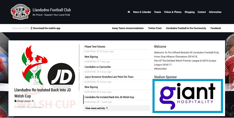 Llandudno FC website with highlighted sponsor